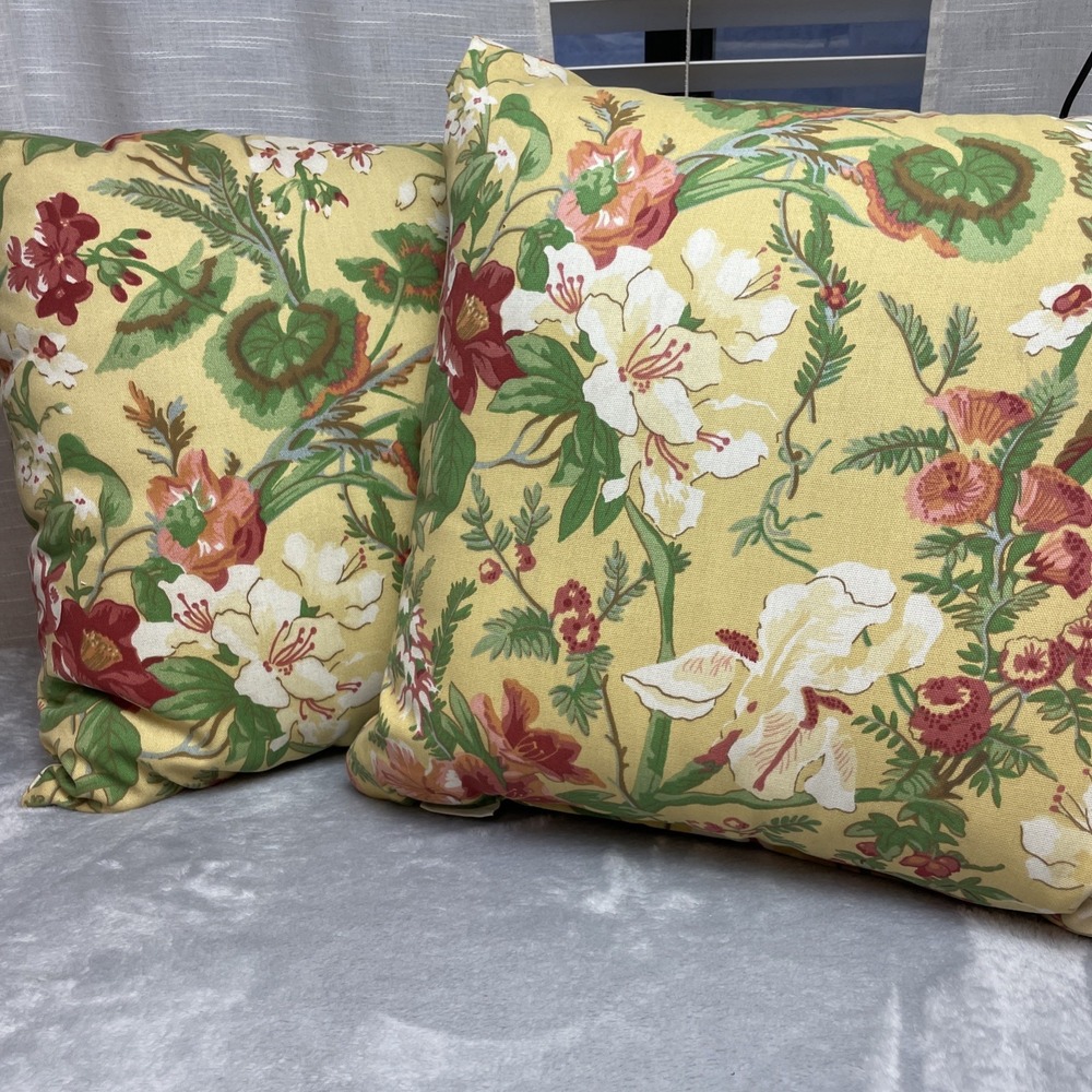 Set of 2 Pottery Barn Indoor/Outdoor Pillows 20x20 Yellow Floral Canvas Stuffed‎
